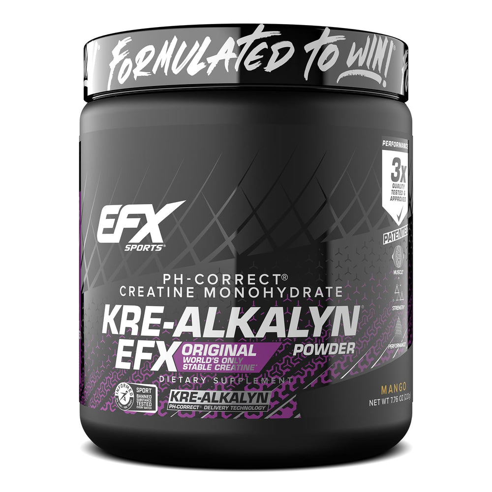 EFX Sports Kre-Alkalyn EFX Powder bottle front highlighting pH-stable creatine for consistent workouts.