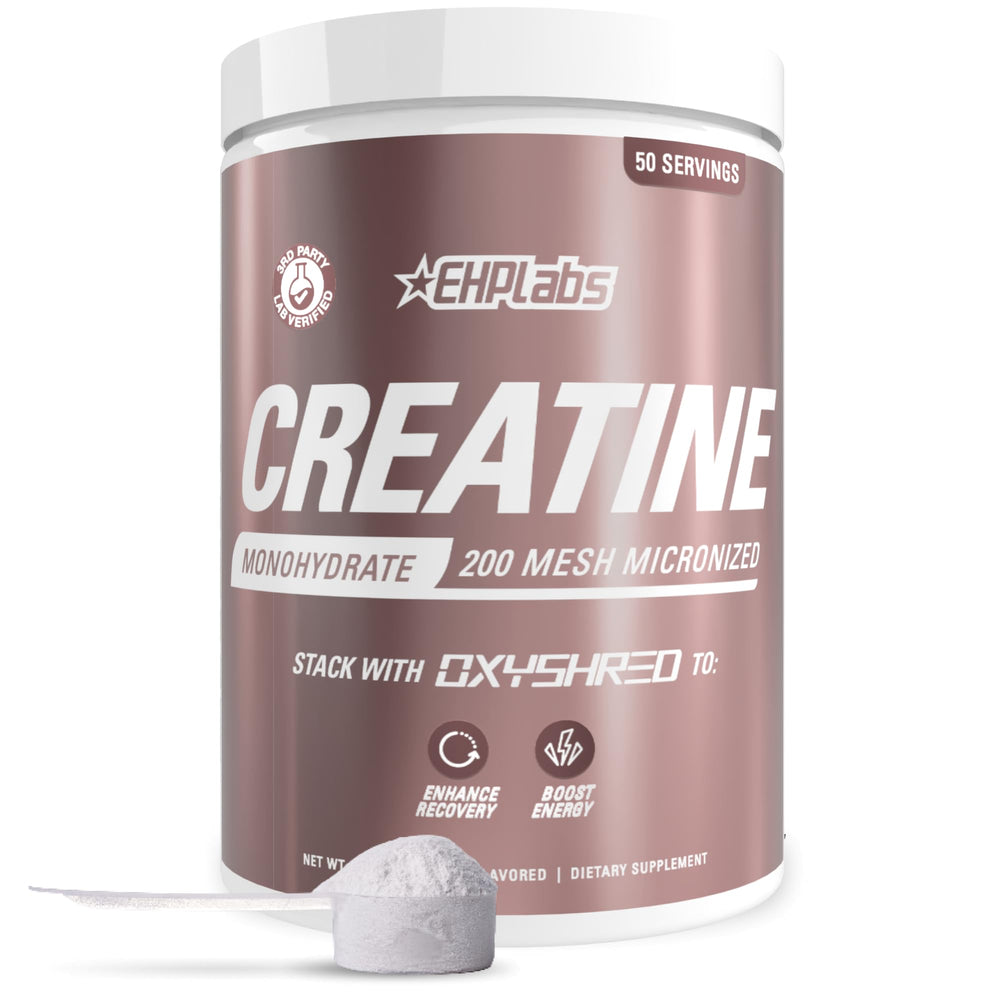 EHP Labs CREA-8 bottle close-up showing unflavored creatine powder for workouts.