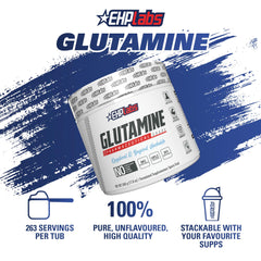 EHP Labs L Glutamine label closeup highlights quality testing.