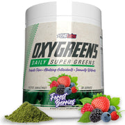 EHP Labs OxyGreens forest berries tub featuring a vibrant greens powder for daily nutrition.