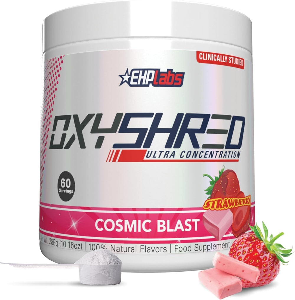 EHP Labs OxyShred Cosmic Blast tub with bold packaging and energy-boosting formula.