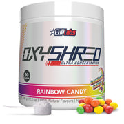 EHP Labs OxyShred Rainbow Candy tub front highlights vibrant flavor for pre-workout energy