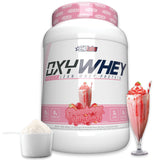 EHP Labs OxyWhey bottle shows 25g protein per serving for post-workout recovery.