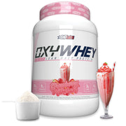 EHP Labs OxyWhey bottle shows 25g protein per serving for post-workout recovery.