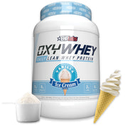EHP Labs OxyWhey vanilla protein powder in a jar for post-workout fueling.