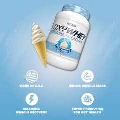 Vanilla ice cream flavored OxyWhey shake in a glass for a tasty post-workout option.