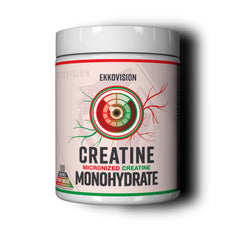 Ekkovision Creatine Monohydrate bottle shows easy mixing for workouts.