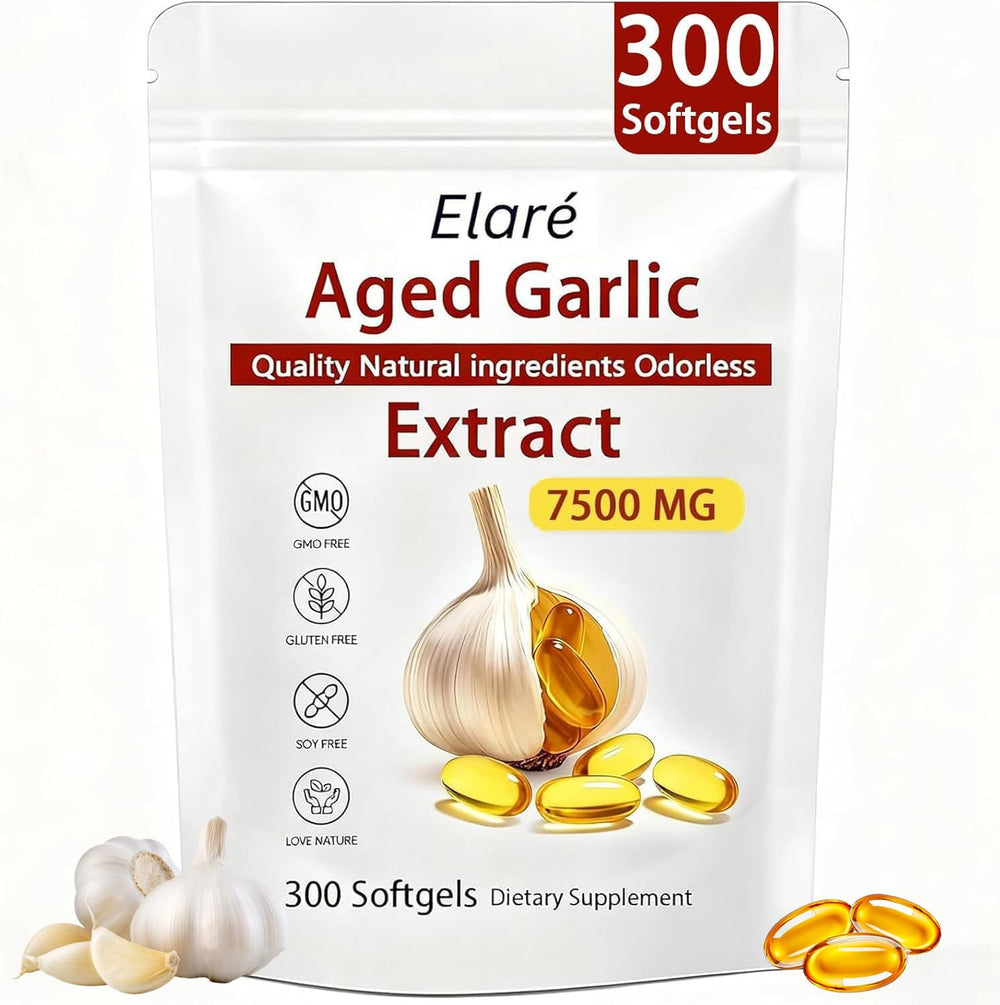 ELARE aged garlic extract bottle highlights odorless, smooth daily use.