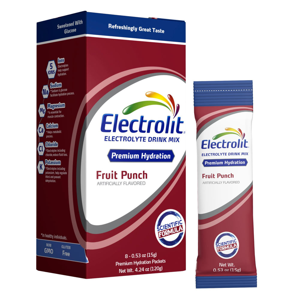Electrolit Fruit Punch packets in packaging for on-the-go hydration.