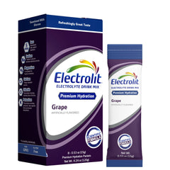 Electrolit Grapes powder packet on the go for quick hydration after workouts.