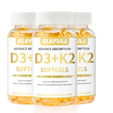 Elefull 3-pack bottle close-up highlighting vegan D3 and MK7 benefits