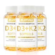 Elefull 3-pack bottle close-up highlighting vegan D3 and MK7 benefits