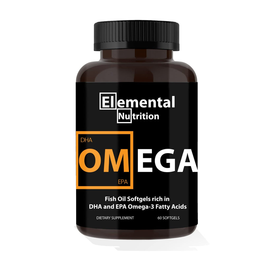 Elemental Nutrition Omega-3 bottle with softgels in a black jar, for daily heart and brain support.