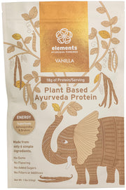 Elements Truffles vanilla protein powder bottle highlights plant-based protein for active days.