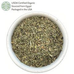 Loose leaves of Elanen Naturals alfalfa leaf tea showing cut and sifted texture.