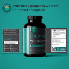 Ingredients panel on Eleva Monolaurin bottle showing coconut-based formula.