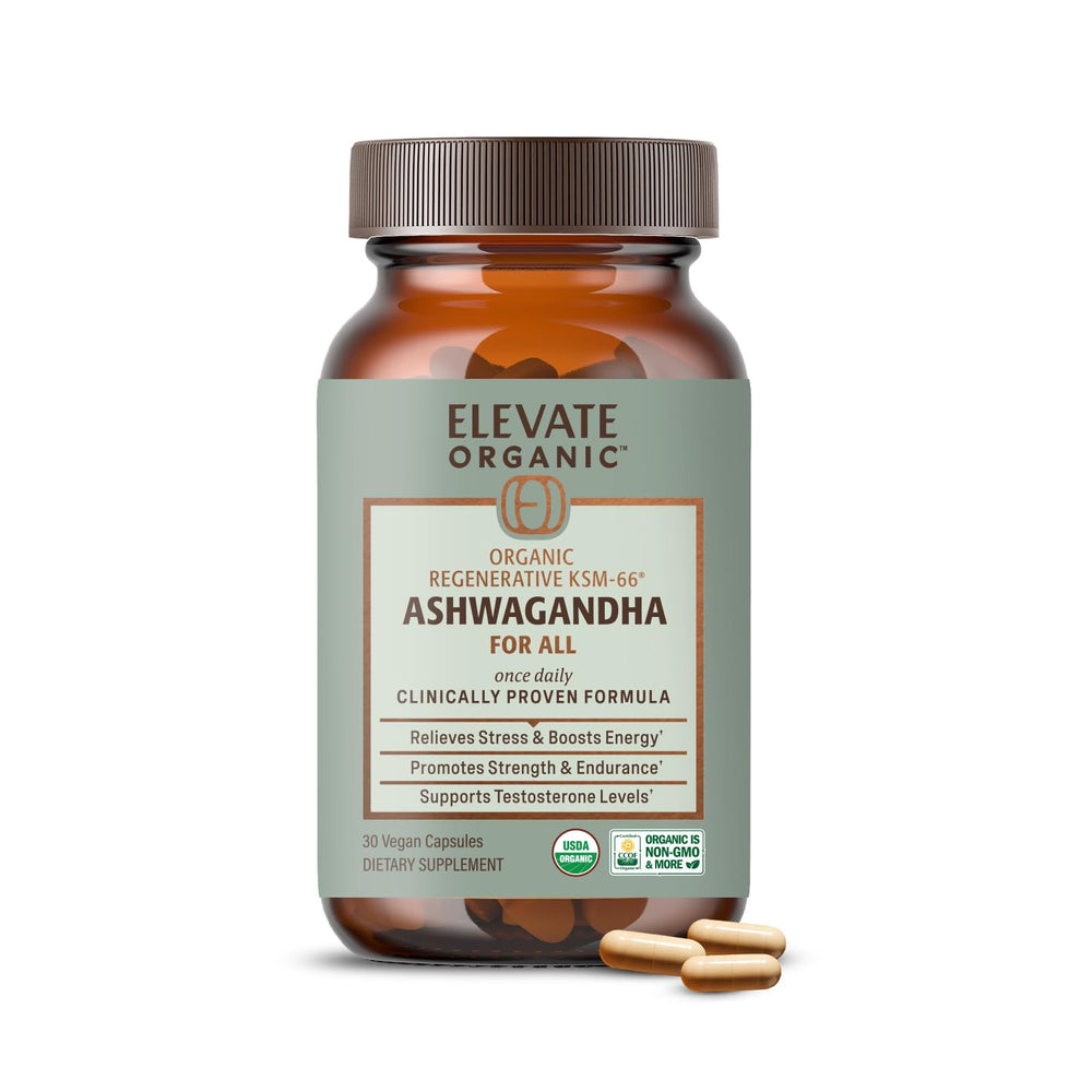 ELEVATE ORGANIC Ashwagandha capsules bottle promotes balance and energy.