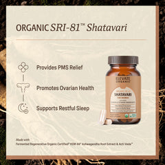 Close-up of Elevate Organic Shatavari label highlighting Acti Veda bioavailability.