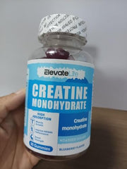 ElevateLife Creatine Monohydrate Gummies bottle back showing ingredients and usage for workouts