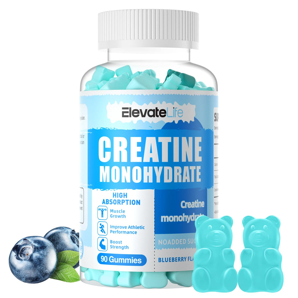 ElevateLife Creatine Monohydrate Gummies bottle front with blueberry flavor for daily energy support