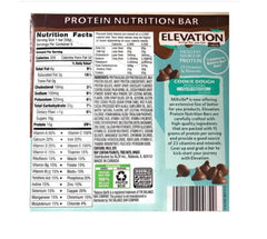 Elevation by Millville cookie dough protein bar nutrition label close-up emphasizing 5 g protein per bar.