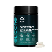 ELICORE Digestive Enzyme Pro Blend bottle supports protein, fat, and carb digestion.
