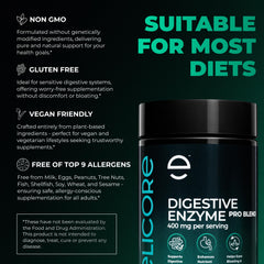 ELICORE Digestive Enzyme Pro Blend gluten-free symbol highlights clean ingredients.