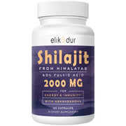 Elikadur Shilajit 2000mg capsules close-up highlights daily energy support.