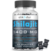 Elikadur Shilajit Gummies bottle front highlights vegan, sugar-free energy support.