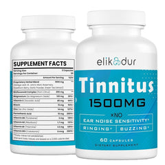 Elikadur Tinnitus 1500mg bottle front view for daily ear support.