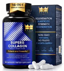 ELITE Crown Elite Superb Collagen bottle front showing multi-type formula for skin and joints
