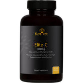 Elite-C bottle label highlights buffered vitamin C with antioxidants.