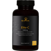 Elite-C bottle label highlights buffered vitamin C with antioxidants.
