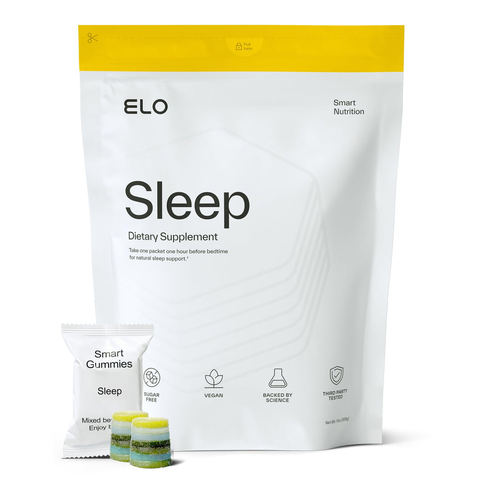Elo Health Non-Groggy Sleep Gummies bottle on nightstand for restful nights.