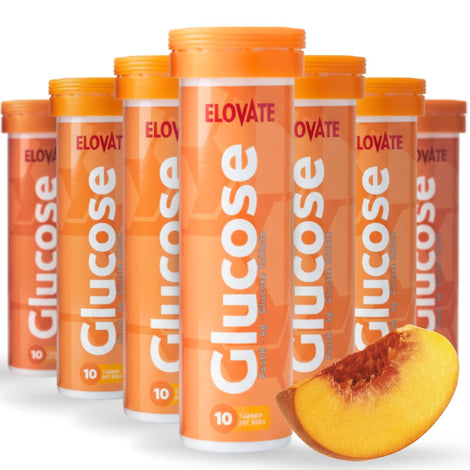 ELOVATE fast acting glucose tablets peach tubes ready for quick energy on the go.