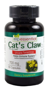 ELP ESSENTIAL Cat's Claw bottle close-up highlighting 700 mg capsules for daily immune support
