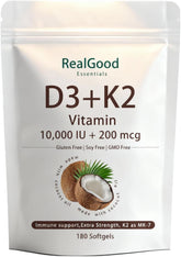Elunara Real Good Essentials D3 K2 bottle front shows easy-to-swallow softgels for daily use.