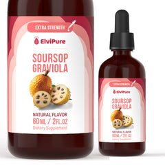 Front view of ElviPure Soursop bottle showcases compact, travel-ready packaging.