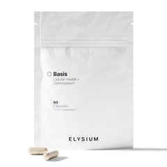 ELY-SIUM Basis NAD+ bottle front view highlighting NR 250mg and PT 50mg for energy
