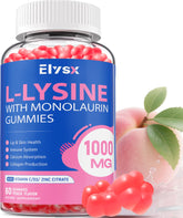 Elysx L-Lysine Gummies bottle front with peach flavor and convenient design for daily use.