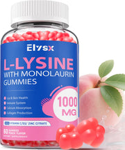 Elysx L-Lysine Gummies bottle front with peach flavor and convenient design for daily use.