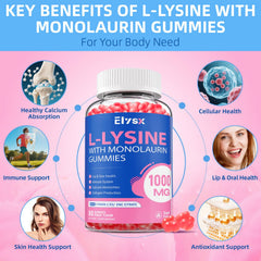 Elysx L-Lysine Gummies peach-flavored bottle emphasizing taste and daily chewable format.