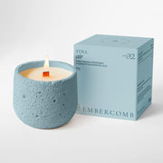 Embercomb Still Air candle close-up showing a clean-burning beeswax blend for calm spaces.