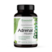 Emerald Labs Adrenal Health bottle label highlighting Sensoril and Rhodiola for stress support.