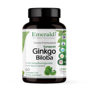 Emerald Labs Ginkgo Biloba extract bottle shows brain health support and antioxidant benefits.