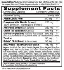 Emerald Labs Liver Health ingredients panel shows European milk thistle and artichoke extract.
