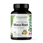 Emerald Labs Maca Root bottle illustrates natural energy support for daily activity.