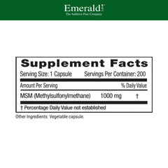 Emerald Labs MSM bottle closeup highlighting capsule texture and pure formulation.