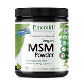 Emerald Labs MSM powder bottle closeup highlighting joint support potential