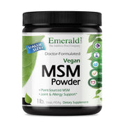 Emerald Labs MSM powder bottle closeup highlighting joint support potential